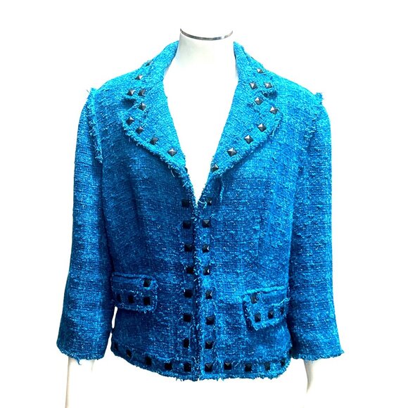 Alberto Makali Size 12 Teal Blue Boucle Studded Cropped Tweed Fringe Blazer Chic - Picture 11 of 11